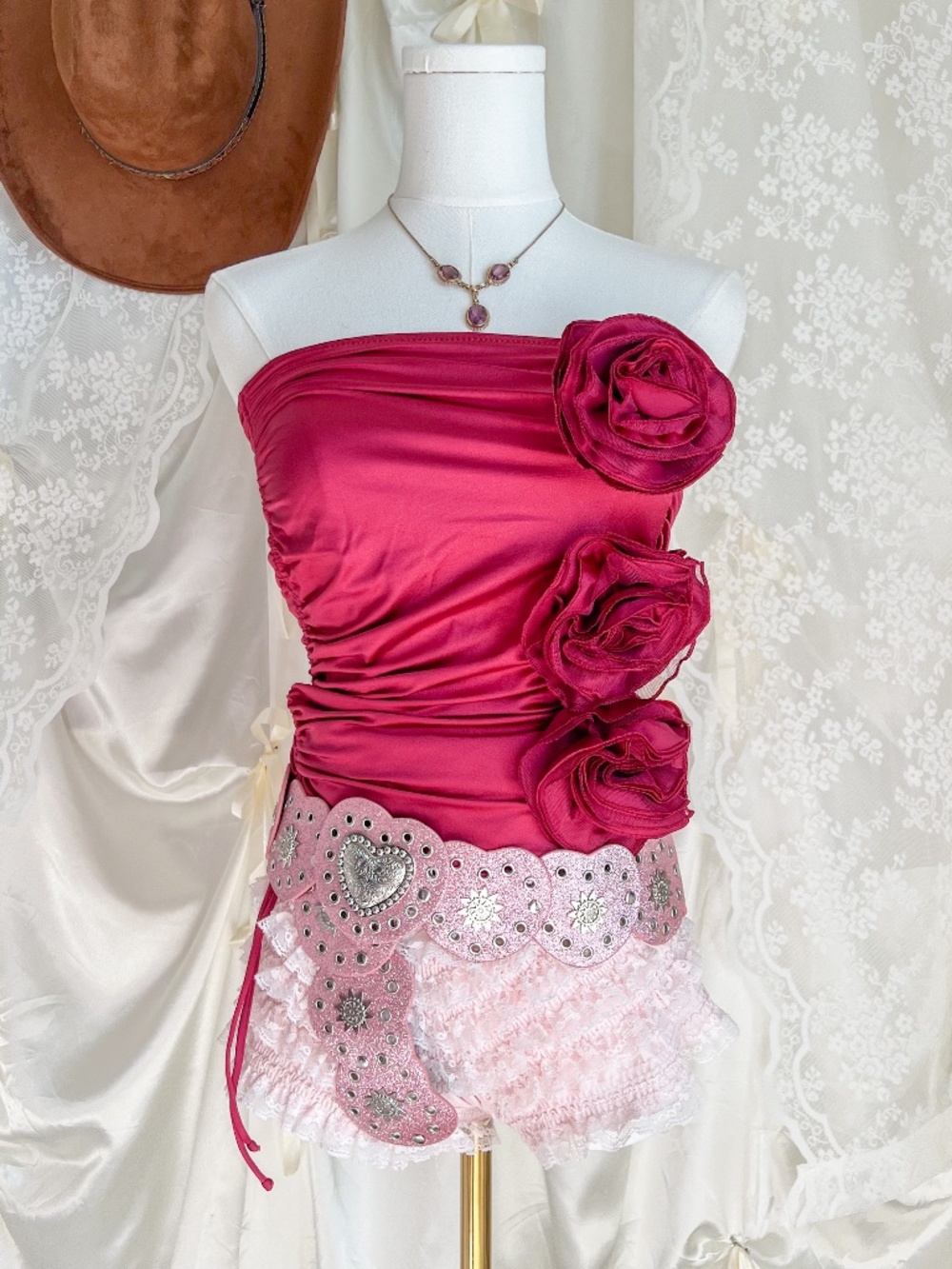 Y2K Style Pinky Red Strapless Rosette Swimwear Top Barbiecore Statement